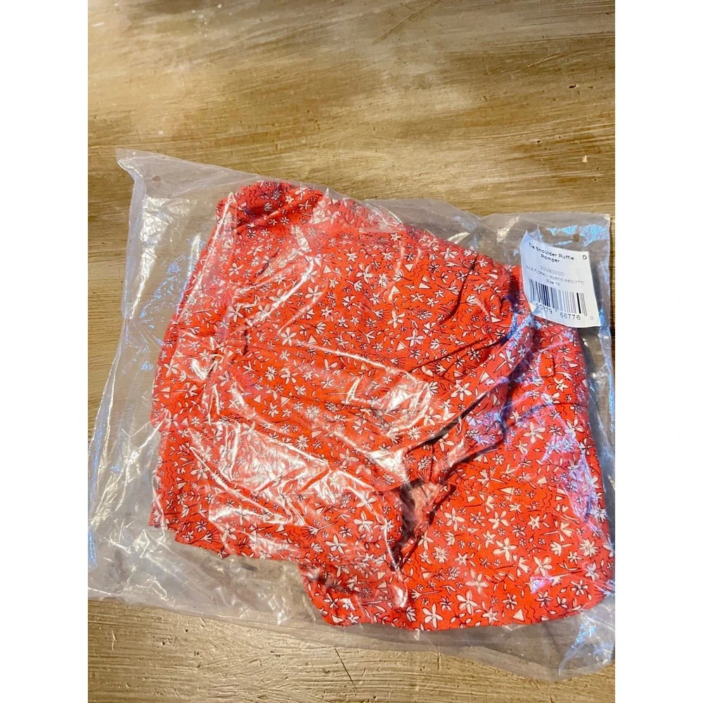 NEW Tea Collection Girls 16 Red Floral Tie‎ Shoulder Ruffle Romper Linen/Cotton